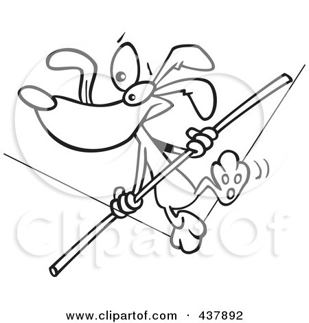 Royalty-Free (RF) Clip Art Illustration of a Black And White Outline Design Of A Dog Walking A Tight Rope by toonaday