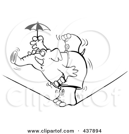 Royalty-Free (RF) Clip Art Illustration of a Black And White Outline Design Of An Elephant Balanced On One Foot On A Tight Rope by toonaday