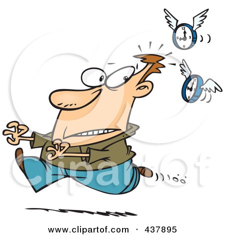 Royalty-Free (RF) Clip Art Illustration of Flying Clocks Chasing A Man by toonaday