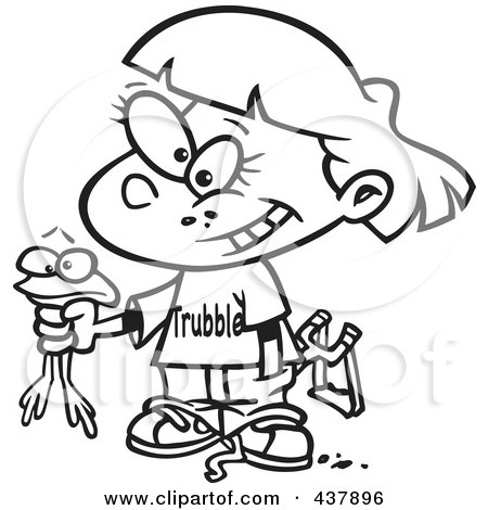 Royalty-Free (RF) Clip Art Illustration of a Black And White Outline Design Of A Tomboy Girl Holding A Frog by toonaday