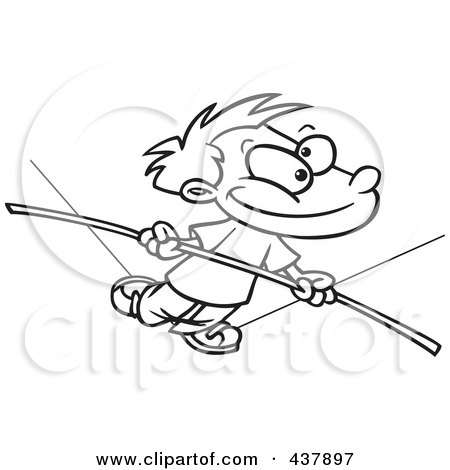 Royalty-Free (RF) Clip Art Illustration of a Black And White Outline Design Of A Boy Walking On A Tight Rope by toonaday