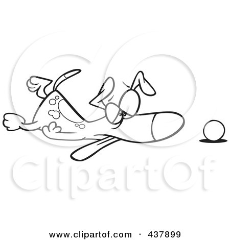 Royalty-Free (RF) Clip Art Illustration of a Black And White Outline Design Of A Tired Dog Collapsed By His Ball by toonaday