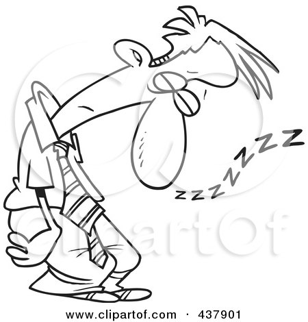 Royalty-Free (RF) Clip Art Illustration of a Black And White Outline Design Of A Tired Businessman Sleeping Standing Up by toonaday