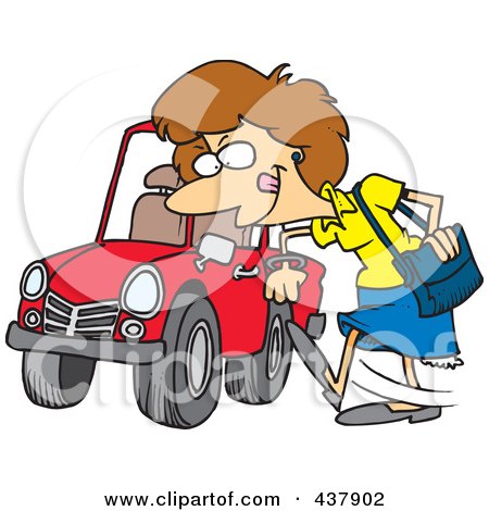 Royalty-Free (RF) Clip Art Illustration of a Cartoon Woman Kicking A Tire On A Ca by toonaday