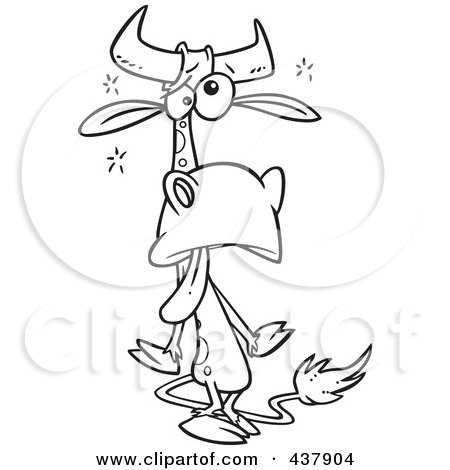Royalty-Free (RF) Clip Art Illustration of a Black And White Outline Design Of A Tired Cow by toonaday