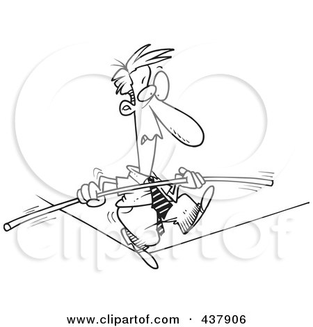 Royalty-Free (RF) Clip Art Illustration of a Black And White Outline Design Of A Businessman Trying To Maintain Balance On A Tight Rope by toonaday