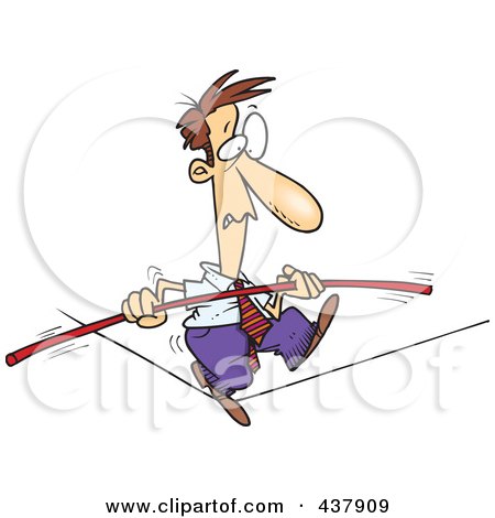 Royalty-Free (RF) Clip Art Illustration of a Cartoon Businessman Trying To Maintain Balance On A Tight Rope by toonaday