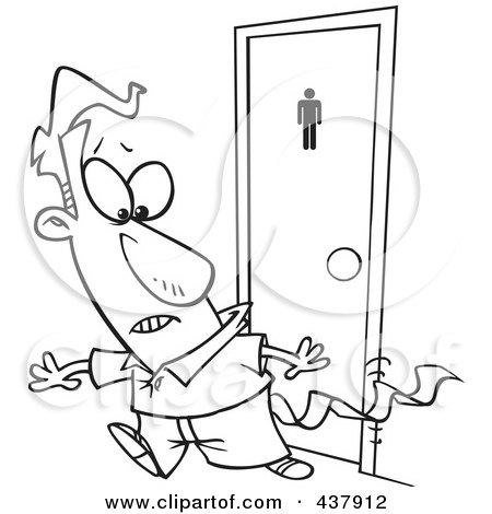 Royalty-Free (RF) Clip Art Illustration of a Black And White Outline Design Of A Businessman Leaving A Bathroom With Tissue Stuck To His Pants by toonaday