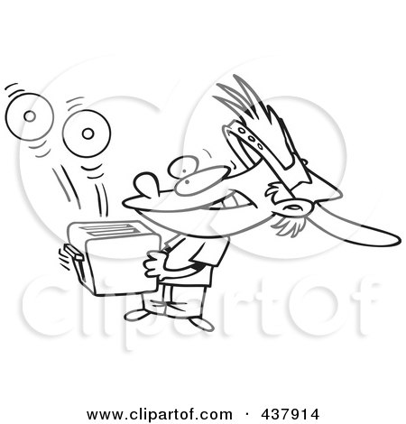 Royalty-Free (RF) Clip Art Illustration of a Black And White Outline Design Of A Boy Shooting Cds Out Of A Toaster by toonaday