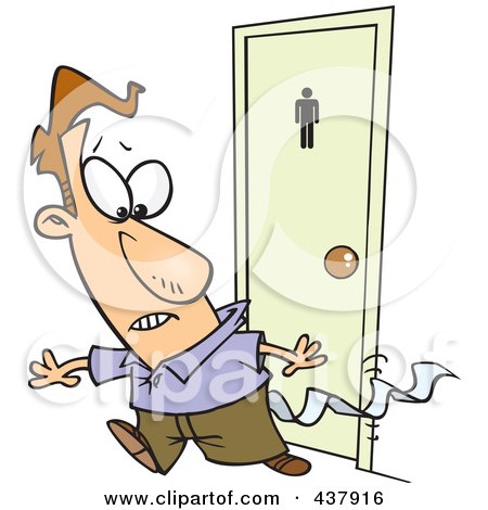 Royalty-Free (RF) Clip Art Illustration of a Cartoon Businessman Leaving A Bathroom With Tissue Stuck To His Pants by toonaday