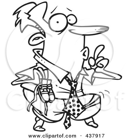 Royalty-Free (RF) Clip Art Illustration of a Black And White Outline Design Of A Businessman Sneaking Around On His Tip Toes by toonaday