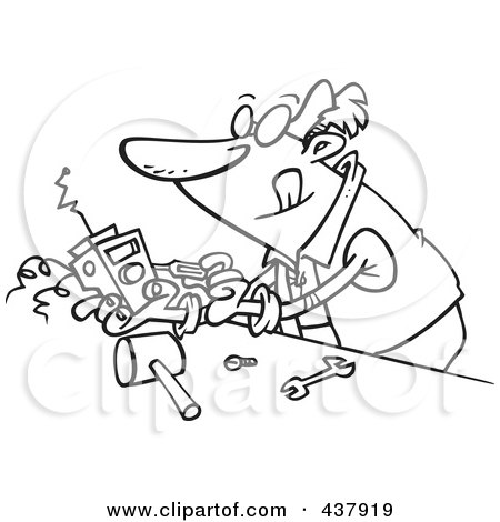 Royalty-Free (RF) Clip Art Illustration of a Black And White Outline Design Of A Man Tinkering With An Electronic Device by toonaday