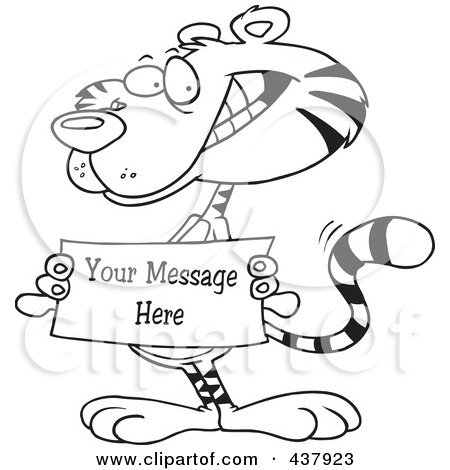 Royalty-Free (RF) Clip Art Illustration of a Black And White Outline Design Of A Tiger Holding A Sign With Sample Text by toonaday