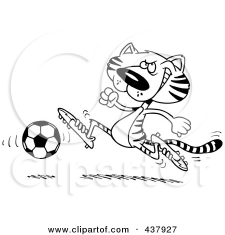 Royalty-Free (RF) Clip Art Illustration of a Black And White Outline Design Of A Tiger Playing Soccer by toonaday