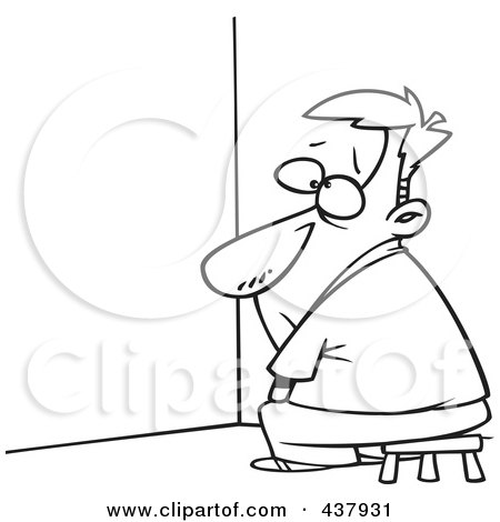 Royalty-Free (RF) Clip Art Illustration of a Black And White Outline Design Of A Businessman Doing Time Out In A Corner by toonaday