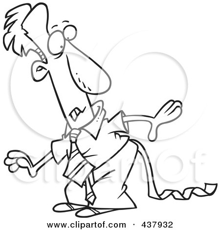 Royalty-Free (RF) Clip Art Illustration of a Black And White Outline Design Of A Businessman Discovering Toilet Paper Stuck To His Pants by toonaday