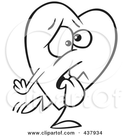 Royalty-Free (RF) Clip Art Illustration of a Black And White Outline Design Of A Tired Heart Walking by toonaday