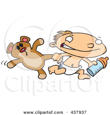 Royalty-Free (RF) Clip Art Illustration of a Toddler Boy Running With A Bottle And Teddy Bear by toonaday