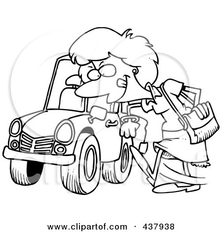 Royalty-Free (RF) Clip Art Illustration of a Black And White Outline Design Of A Woman Kicking A Tire On A Ca by toonaday