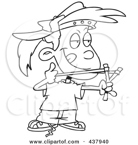 Royalty-Free (RF) Clip Art Illustration of a Black And White Outline Design Of A Tomboy Girl Aiming A Sling Shot by toonaday