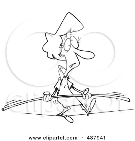 Royalty-Free (RF) Clip Art Illustration of a Black And White Outline Design Of A Businesswoman Trying To Maintain Balance On A Tight Rope by toonaday