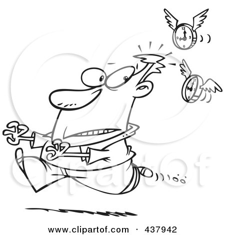Royalty-Free (RF) Clip Art Illustration of a Black And White Outline Design Of Flying Clocks Chasing A Man by toonaday
