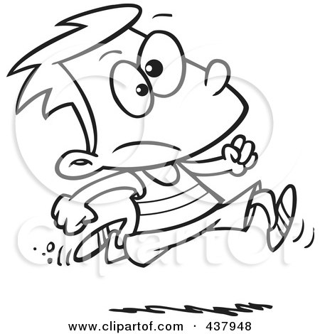 Royalty-Free (RF) Clip Art Illustration of a Cartoon Black And White Outline Design Of A Boy Running Track by toonaday