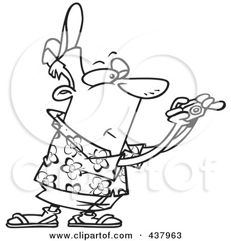 Royalty-Free (RF) Clip Art Illustration of a Cartoon Black And White Outline Design Of A Male Tourist Holding His Camera Out by toonaday
