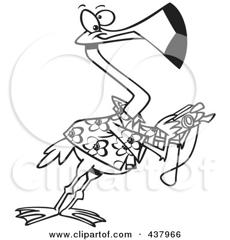 Royalty-Free (RF) Clip Art Illustration of a Cartoon Black And White Outline Design Of A Tourist Flamingo Taking Pictures by toonaday