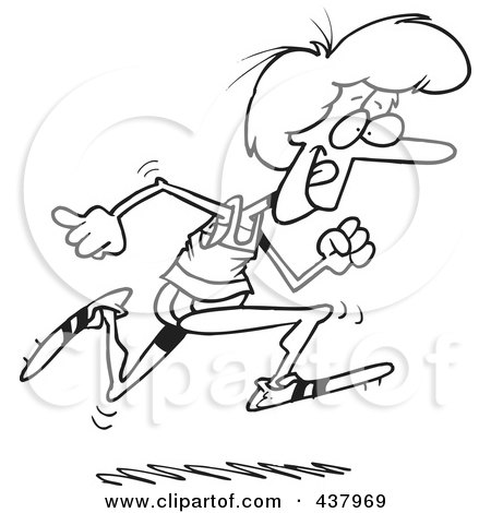 Royalty-Free (RF) Clip Art Illustration of a Cartoon Black And White Outline Design Of A Woman Running Track by toonaday