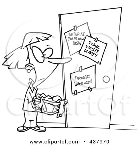 Royalty-Free (RF) Clip Art Illustration of a Cartoon Black And White Outline Design Of A Mother Holding Laundry Outside Her Teenager's Room by toonaday