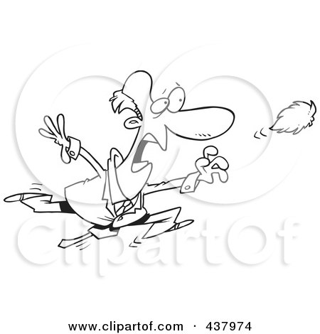 Royalty-Free (RF) Clip Art Illustration of a Black And White Outline Design Of A Businessman Chasing After His Toupee by toonaday