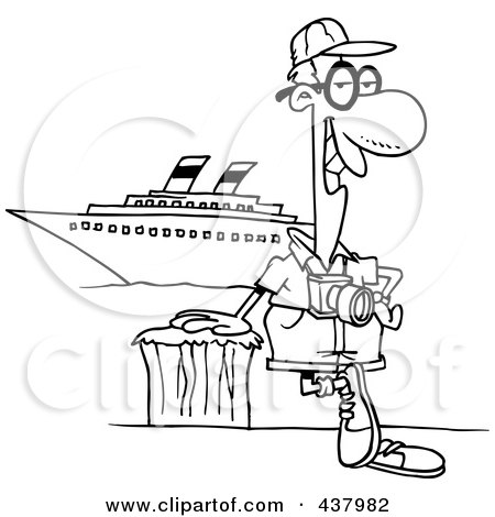 Royalty-Free (RF) Clip Art Illustration of a Cartoon Black And White Outline Design Of A Male Cruise Tourist Posing By The Boat by toonaday