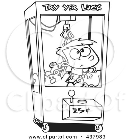 Royalty-Free (RF) Clip Art Illustration of a Cartoon Black And White Outline Design Of A Boy Stuck In A Toy Machine by toonaday