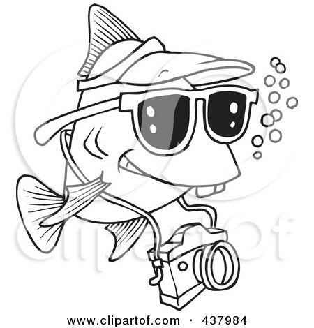 Royalty-Free (RF) Clip Art Illustration of a Cartoon Black And White Outline Design Of A Fish Tourist Swimming With A Camera by toonaday