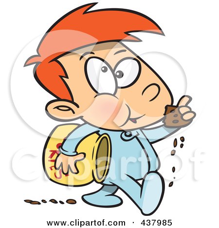 Royalty-Free (RF) Clip Art Illustration of a Cartoon Boy Leaving A Trail Of Cookie Crumbs by toonaday