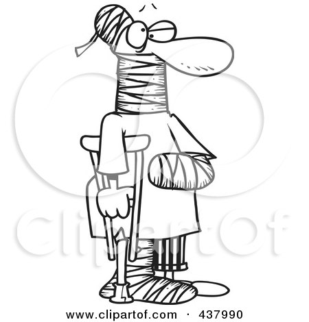 Royalty-Free (RF) Clip Art Illustration of a Cartoon Black And White Outline Design Of A Man Using A Crutch For Traction by toonaday