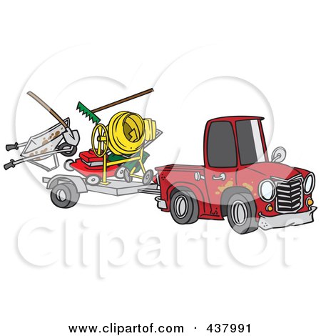 Royalty-Free (RF) Clip Art Illustration of a Cartoon Truck Pulling A Trailer With Landscape And Concrete Equipment by toonaday