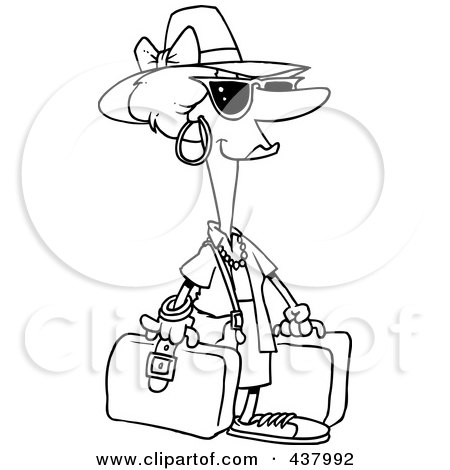 Royalty-Free (RF) Clip Art Illustration of a Cartoon Black And White Outline Design Of A Female Tourist Carrying Luggage by toonaday