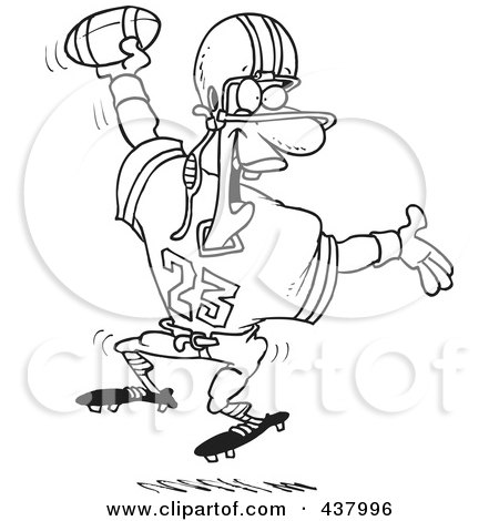 Royalty-Free (RF) Clip Art Illustration of a Black And White Outline Design Of A Black Male Football Player Scoring A Touchdown by toonaday