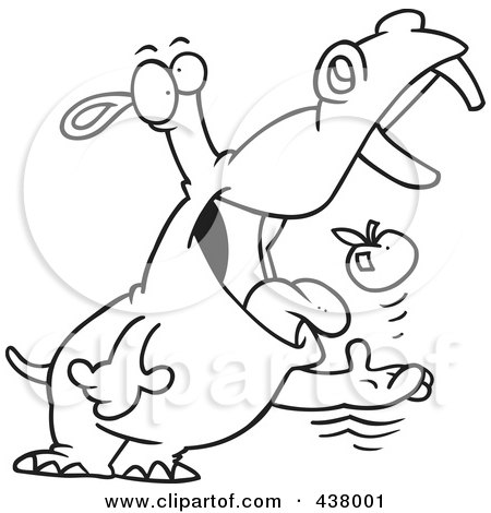 Royalty-Free (RF) Clip Art Illustration of a Black And White Outline Design Of A Hippo Tossing An Apple Into His Mouth by toonaday