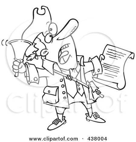 Royalty-Free (RF) Clip Art Illustration of a Cartoon Black And White Outline Design Of A Town Crier Ringing A Bell by toonaday