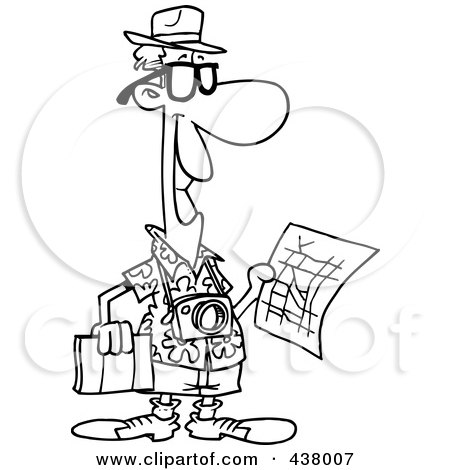 Royalty-Free (RF) Clip Art Illustration of a Cartoon Black And White Outline Design Of A Male Tourist Holding A Map And Sight Seeing Book by toonaday