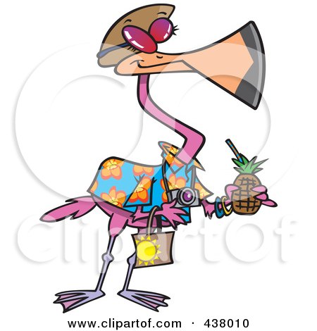 Royalty-Free (RF) Clip Art Illustration of a Cartoon Tourist Flamingo Carrying A Tropical Beverage by toonaday
