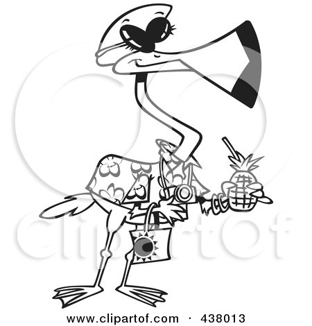 Royalty-Free (RF) Clip Art Illustration of a Cartoon Black And White Outline Design Of A Tourist Flamingo Carrying A Tropical Beverage by toonaday