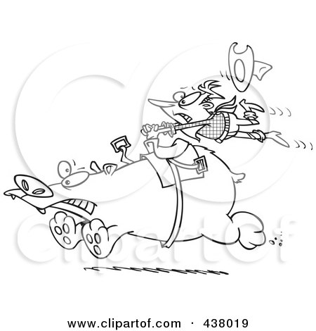 Royalty-Free (RF) Clip Art Illustration of a Black And White Outline Design Of A Tough Rodeo Cowboy Riding A Bear by toonaday