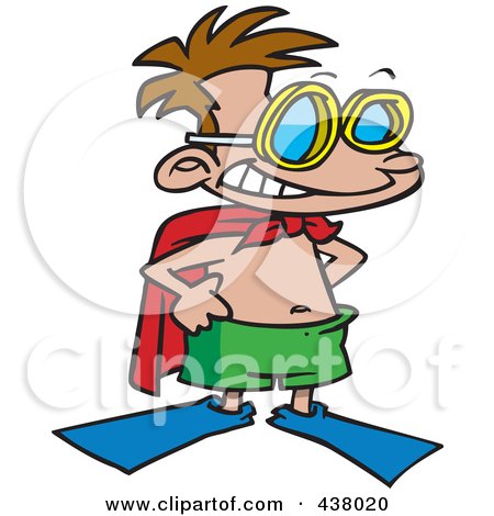 Royalty-Free (RF) Clip Art Illustration of a Cartoon Super Swim Boy Wearing Flippers And A Towel Cape by toonaday