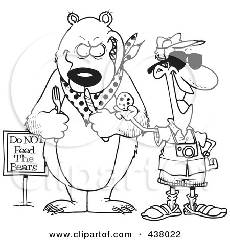 Royalty-Free (RF) Clip Art Illustration of a Cartoon Black And White Outline Design Of A Male Tourist Feeding A Cookie To A Bear For A Photo Op by toonaday
