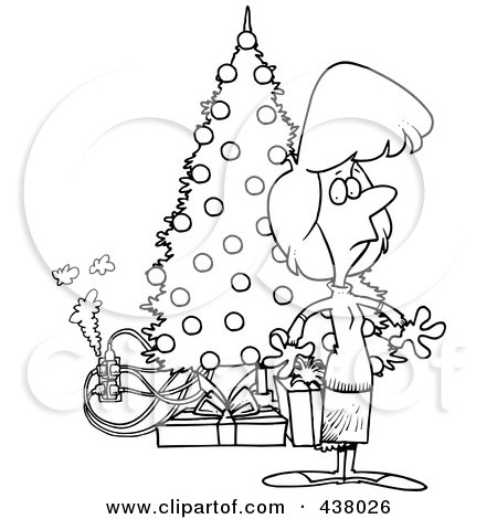 Royalty-Free (RF) Clip Art Illustration of a Cartoon Black And White Outline Design Of A Woman Standing By A Christmas Tree With An Overloaded An Electrical Socket by toonaday