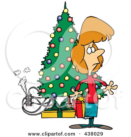 Royalty-Free (RF) Clip Art Illustration of a Cartoon Woman Standing By A Christmas Tree With An Overloaded An Electrical Socket by toonaday